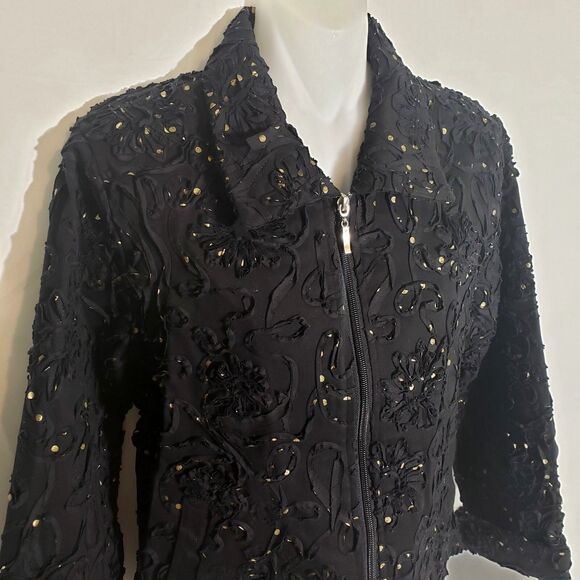 Great Cavalier by St.Paul Womens Jacket Small Floral Full Zip Black Gold Polka - Picture 4 of 8